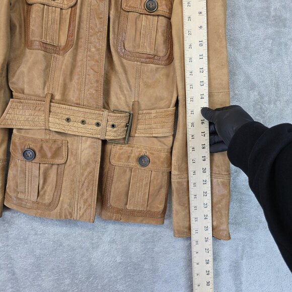 Zara Basic Jacket Womens Small Brown Leather Belted Safari Military Snap Pockets - Picture 10 of 13